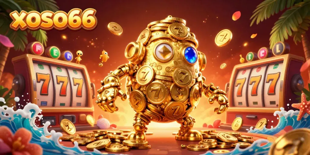 Engage with xoso66 in an exciting casino scene featuring dynamic slot elements and a magical golem.