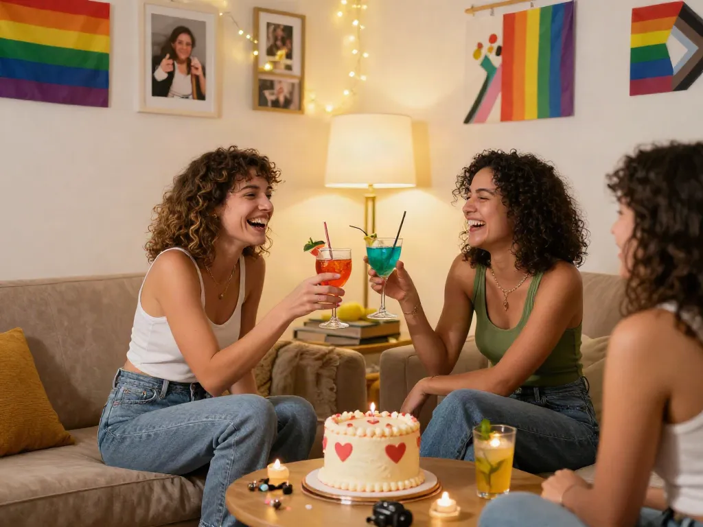 Joyful celebration of lesbian porn culture with friends at a cozy gathering.