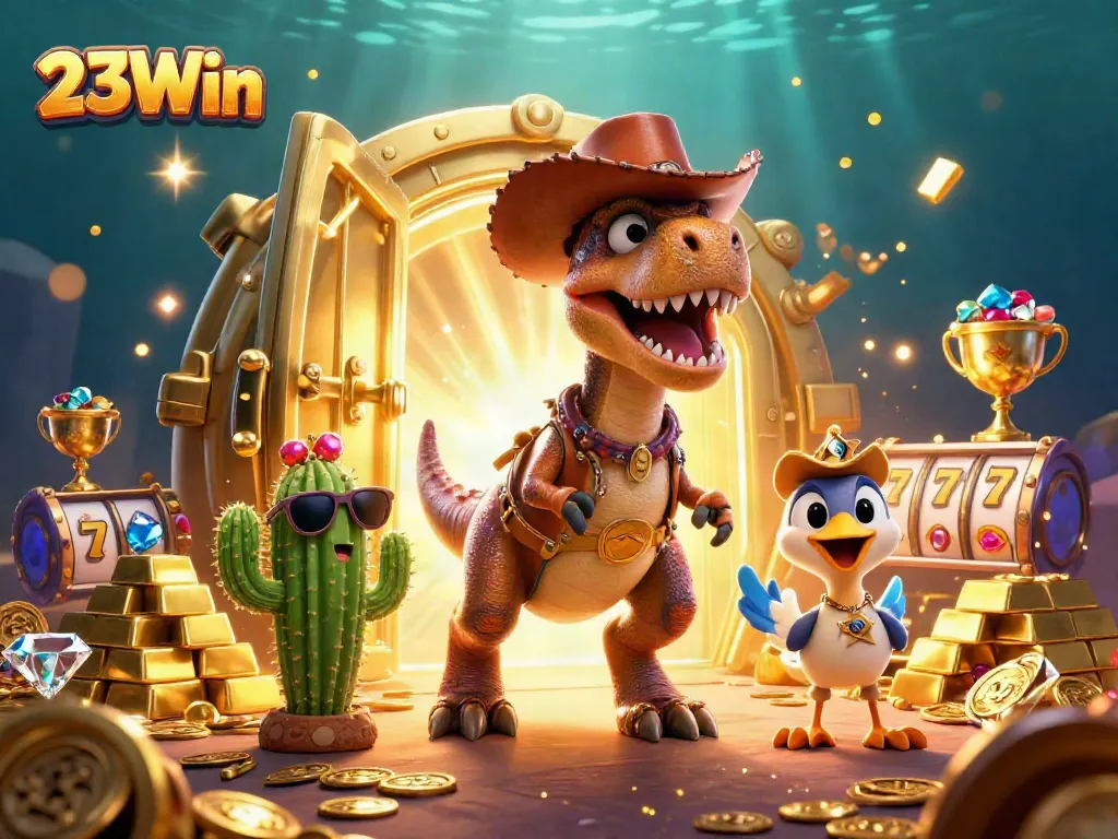 Experience the thrill of slots with 23Win featuring T-Rex and friends in a vibrant casino scene.
