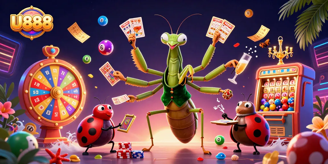 Experience thrilling gaming at U888 with a colorful dynamic casino scene showcasing lively characters and game elements.