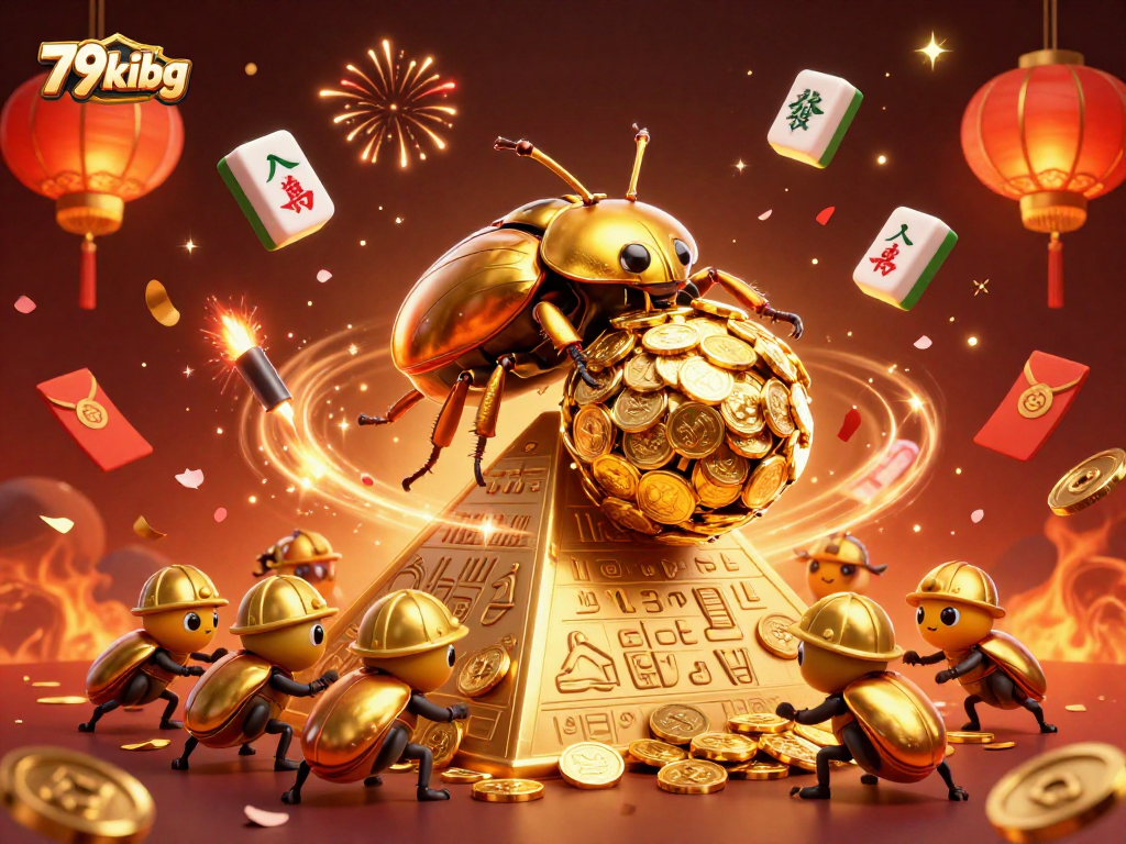Engage with 79kibg at this vibrant 3D casino illustration showcasing a golden beetle adventure.