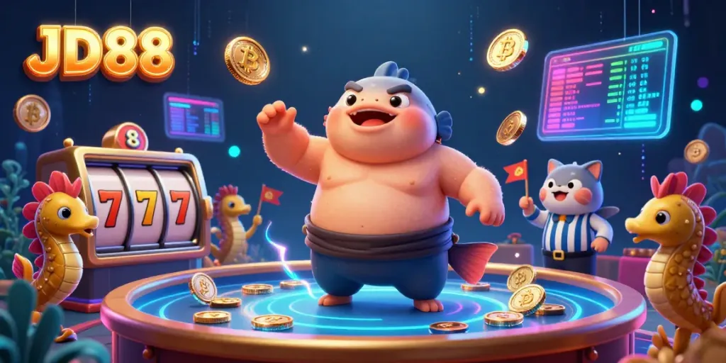 Engage with exciting JD88 gaming moments highlighted by vibrant underwater characters in a dynamic casino setting.