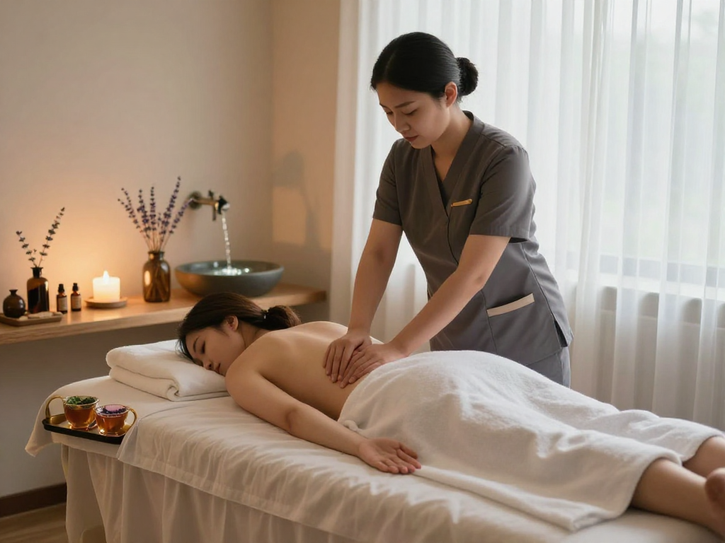 Client enjoying a mantra88 login spa massage therapy session in a serene treatment room with calming ambiance.