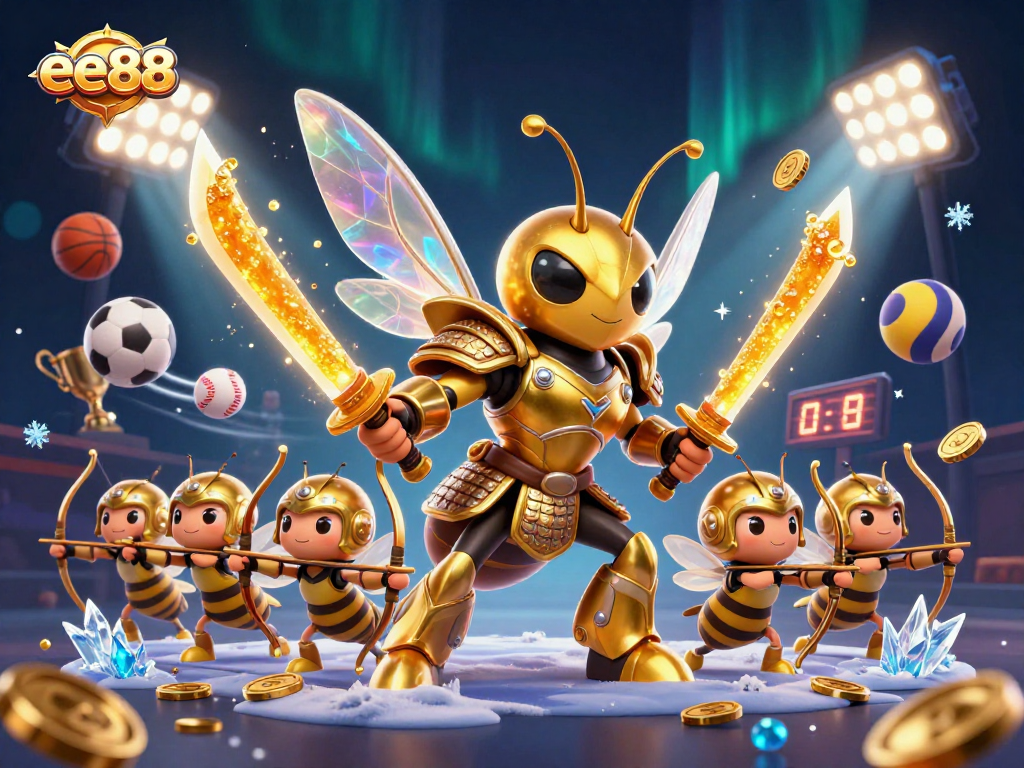 Engage with ee88's vibrant casino scene featuring a golden hornet and sports elements.