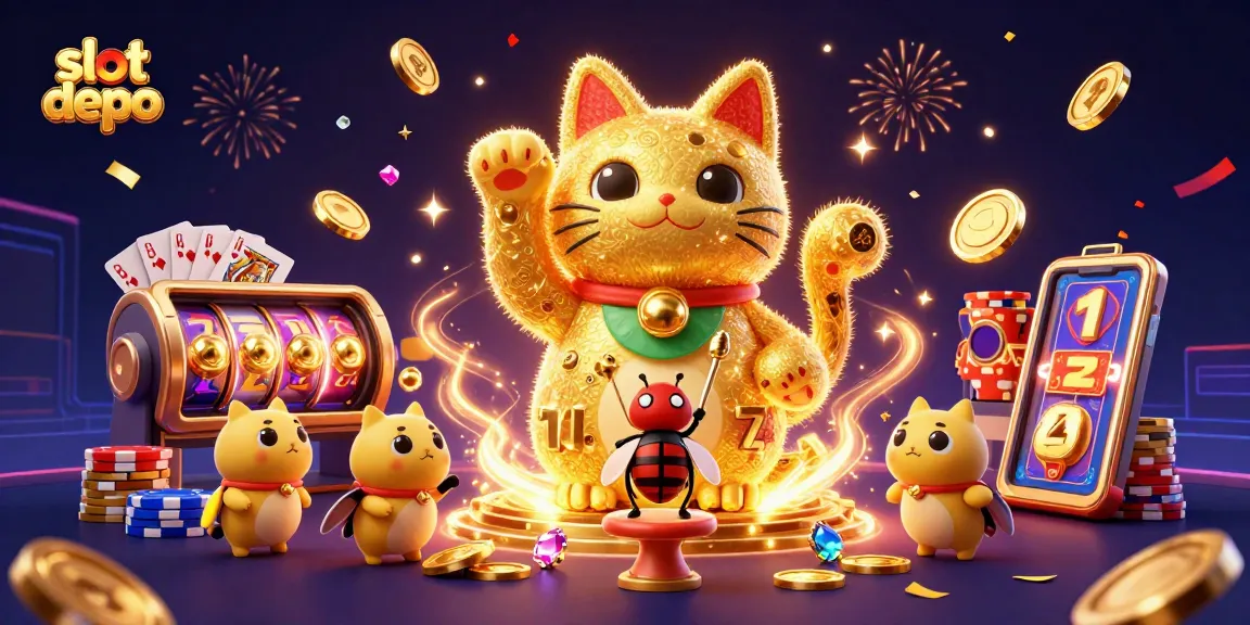 Memainkan slot depo dengan simbol beruntung dan tumpukan poker berwarna cerah dalam ilustrasi 3D yang menakjubkan.