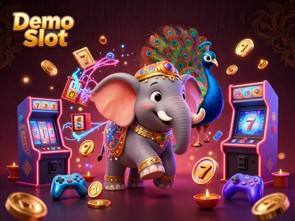 Experience the thrilling Demo Slot action with vibrant elephants, peacocks, and colorful game elements.