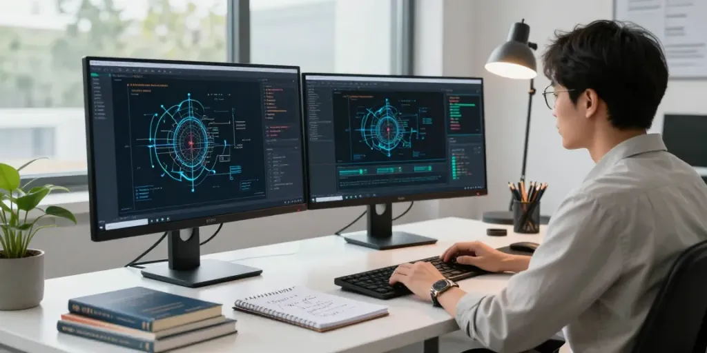 Engineer analyzing AI inference models in a modern workspace with vibrant tech tools.