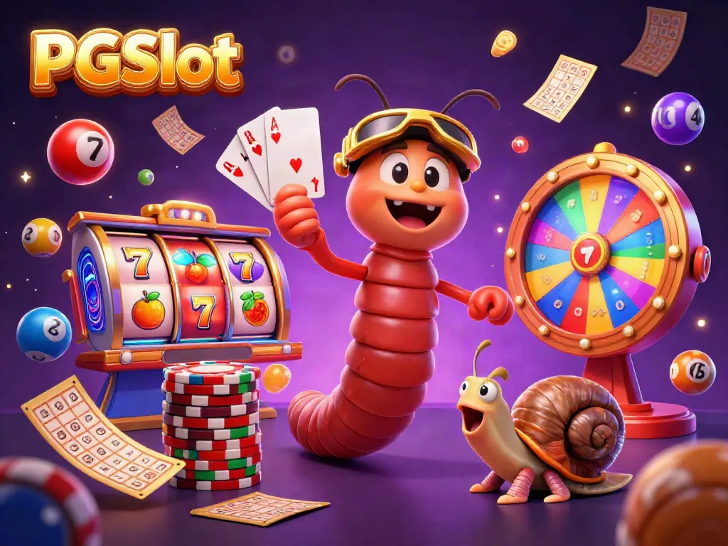 Experience PGSlot excitement with colorful casino elements and animated characters in a vibrant gaming scene.