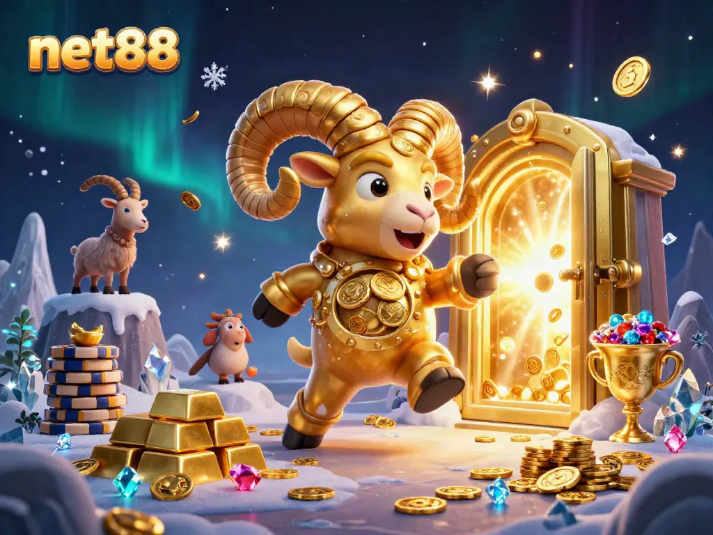 Experience the excitement of net88 with a golden ram charging through a treasure-filled casino scene.