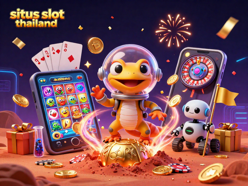 Situs slot thailand gameplay with a Martian gecko discovering a golden casino, celebrating with coins and cards