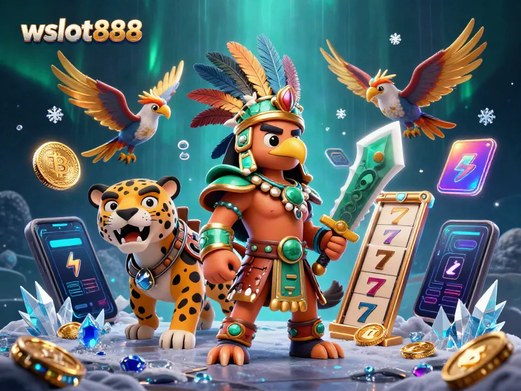 Menangkan jackpot dengan wslot888 dalam ilustrasi 3D yang menampilkan pejuang Aztec dan simbol kasino.