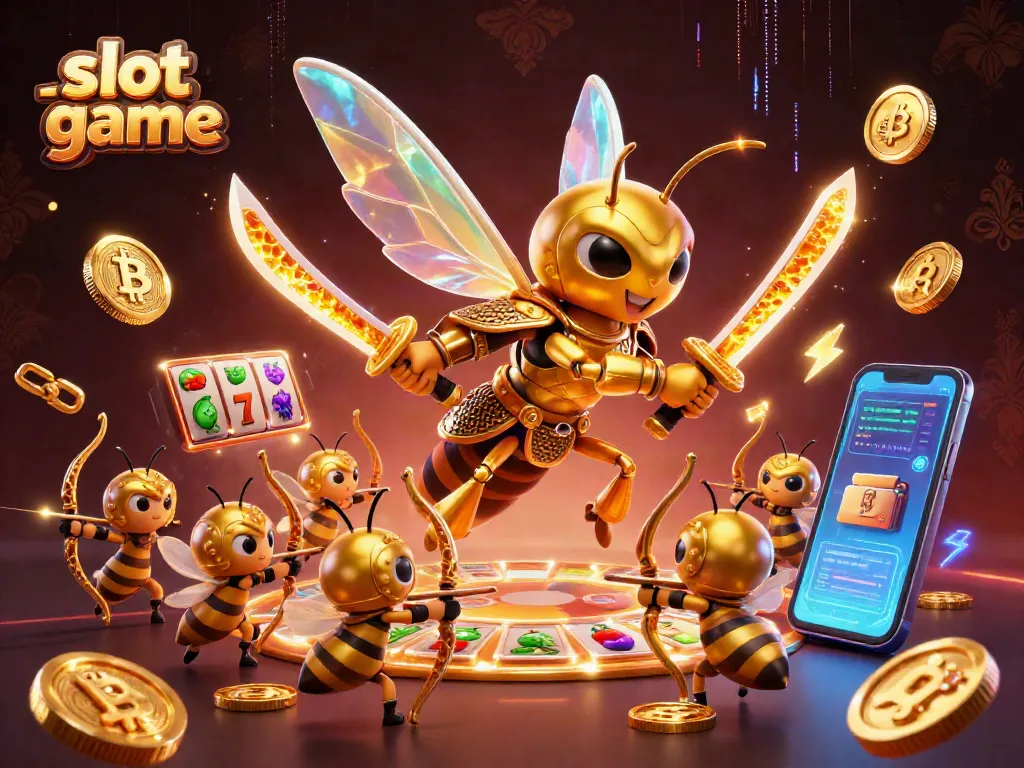 Engage in the vibrant slot game scene with a golden hornet warrior and dynamic crypto elements.