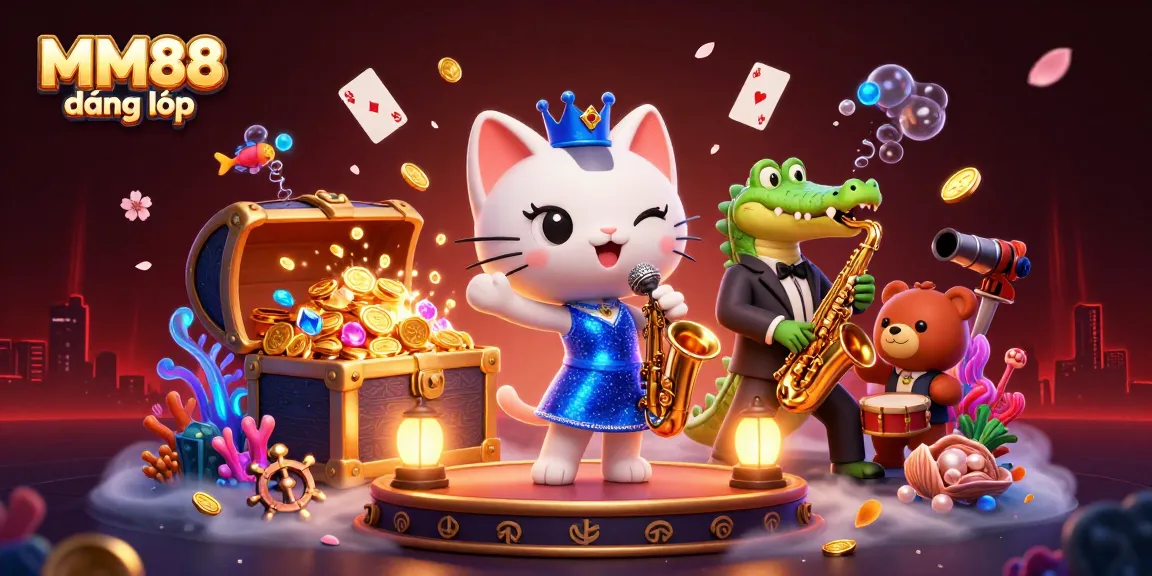 Engage with MM88 đăng nhập at a vibrant 3D casino scene featuring lively cartoon characters.