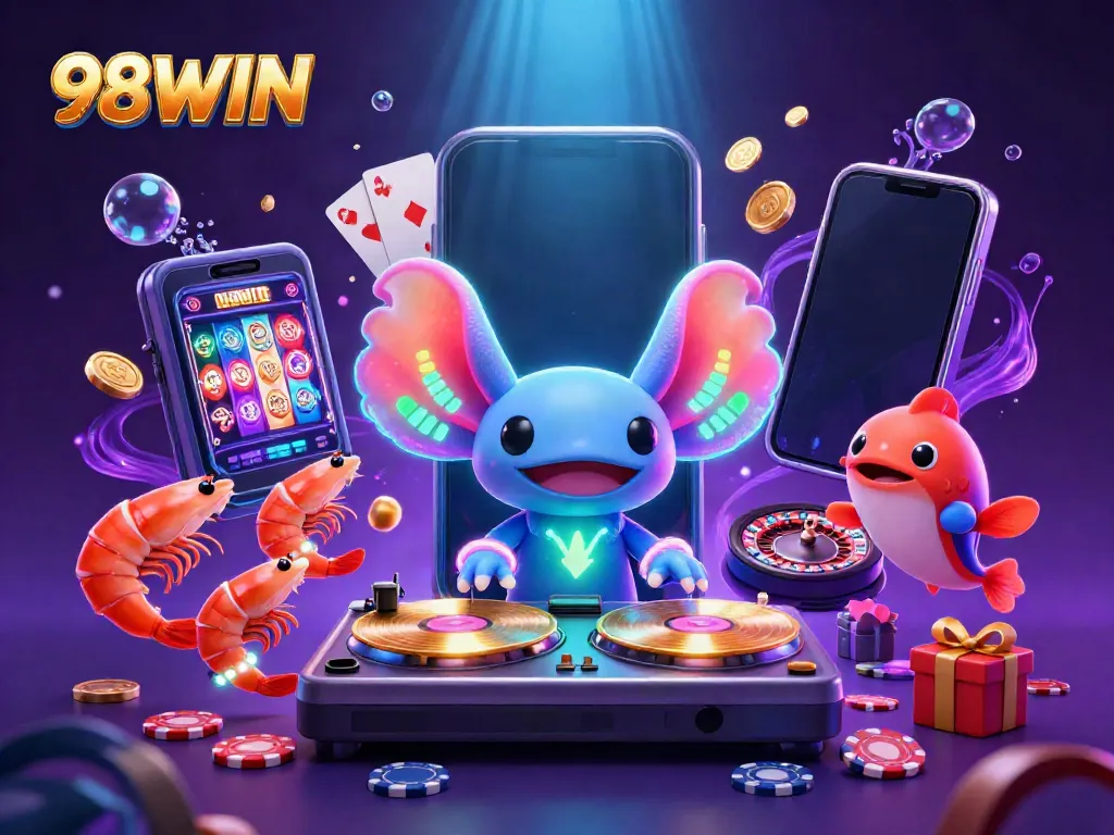 Spin slot games with 98WIN as neon axolotl DJ and vibrant undersea elements.