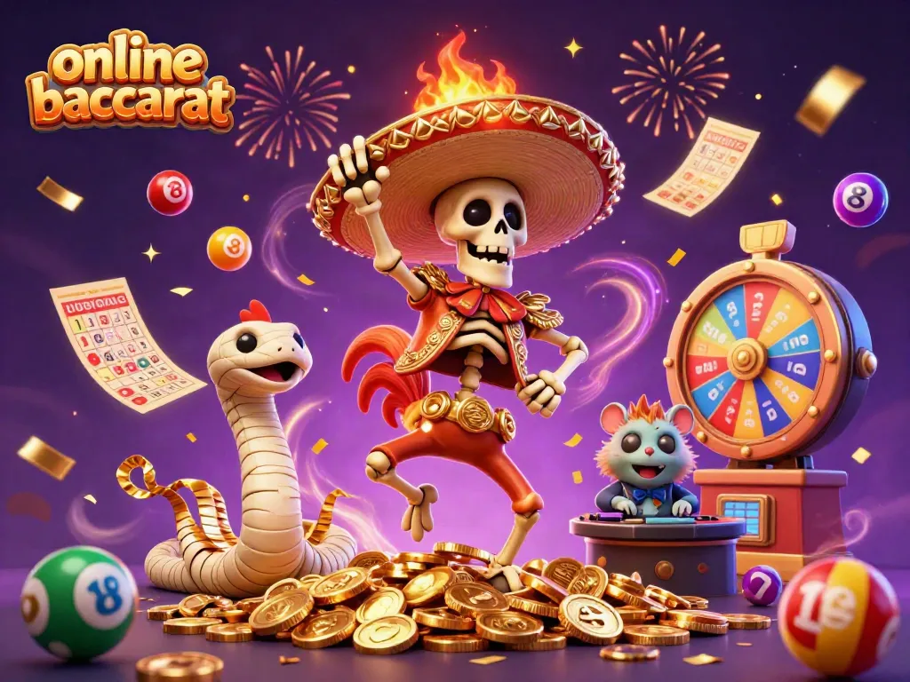 Celebrate exciting online baccarat with vibrant 3D characters surrounded by colorful gaming elements.