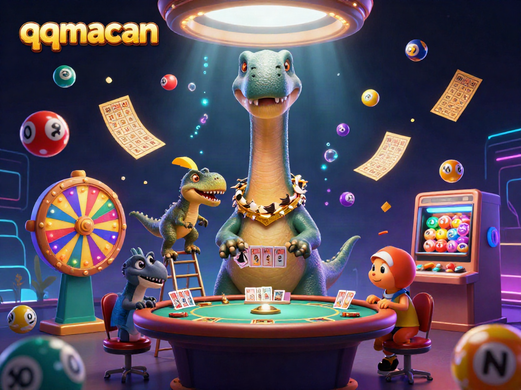 Engage with qqmacan's vibrant 3D casino scene featuring dinosaurs playing cards.