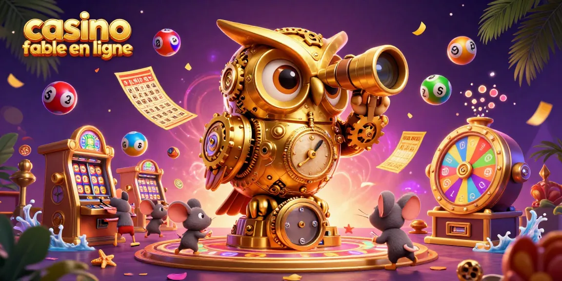 Découvrez le casino fiable en ligne avec une illustration animée d'une chouette dorée sur un sol de casino.