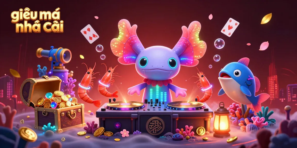 Engage with giải mã nhà cái in this vibrant underwater casino scene featuring a neon-colored axolotl DJ.